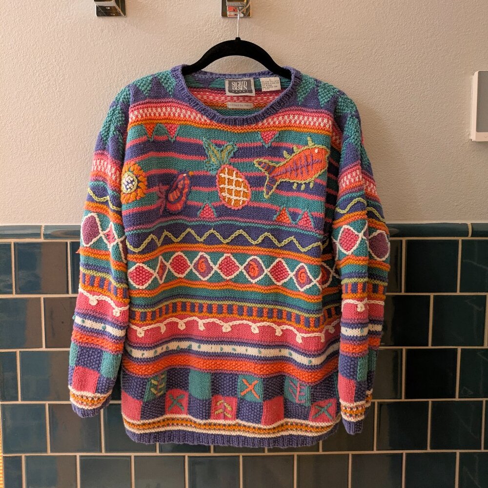 Vintage Hand Knit Sigrid Olsen Wacky Tropical Sweater